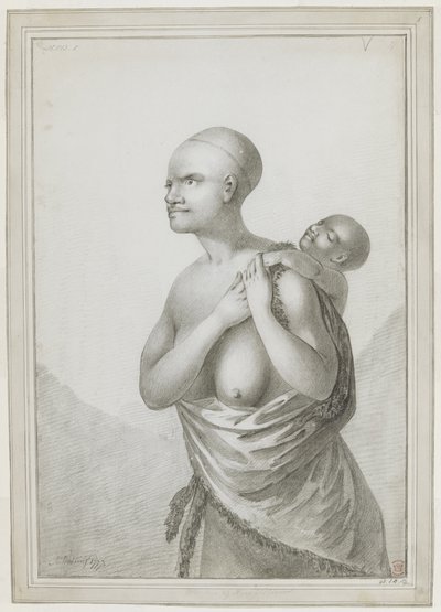 [Hela ritningen] En tasmansk kvinna som bär ett barn på ryggen, med en hud slängd från hennes vänstra axel runt midjan. januari 1777 av John Webber