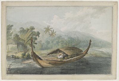 [Hel teckning] En kanot från Ulietea [Raiatea]. En man med korgar sitter på plankorna till en utriggare "pahi", som har ett halmtak. Huvudet och aktern kröns av en snidad sittande ti
