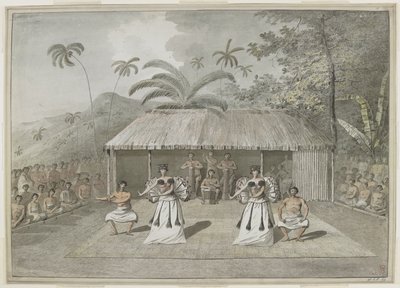 [Hel teckning] En dans eller heiva i Otaheite [Tahiti]. Två män och två kvinnor dansar, med trumslagare bakom och åskådare på båda sidor. September 1777 av John Webber