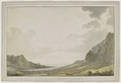 [Hel ritning]. En vy från Aimeos hamn [Papetoai Bay,] med utsikt mot havet; masterna för 