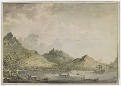 [Hel ritning]. Utsikt över hamnen i Huahine [Fare Harbour]. med toppiga berg, inklusive berget Turi, i bakgrunden. I bukten finns 