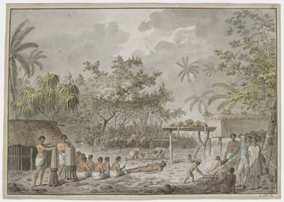 [Hel ritning] Människooffer vid den stora morai i Attahouroo [Utuaimahurau], Tahiti, bevittnad av kapten Cook den 1 september 1777. En inbunden figur i förgrunden, med män som gräver ett hål för kroppen bakom, och vad som innehåller två hundar och thr av John Webber
