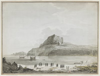 [Hela ritningen] Utsikt över Christmas Harbour, Kerguelen Island, med upptäckten och upplösningen för ankar. Två fartygsbåtar är ute, en landar sjömän på stranden. I förgrunden, tjugo pingviner i grupper, och ett sjölejon. 25-30 december 1776 av John Webber
