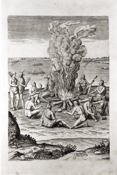 Indianer som ber runt en eld, gravyr från Hariots "A Briefe and True Report of...Virginia", 1590, graverad av Theodor de Bry (1528-98). av John White