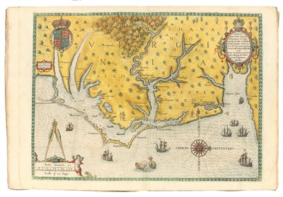 Karta över Virginia som visar ankomsten av Sir Walter Raleighs expedition 1585, 1590 av John White