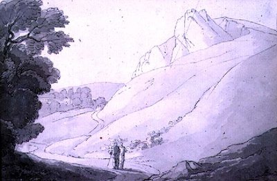 Ett kuperat landskap med två figurer (penna, bläck och akvarell) av John White Abbott