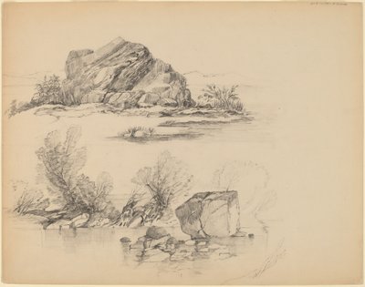 Stenar längs en sjöstrand [recto] av John William Casilear