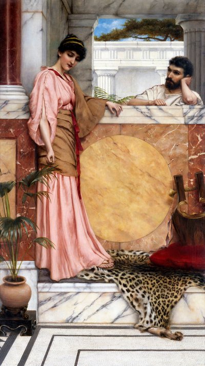 "Par under antiken, i en adelsmans villa (romersk), mannen verkar vänta på kvinnans svar. Målning av John William Godward (1861-1922) 1889 Privat samling av John William Godward