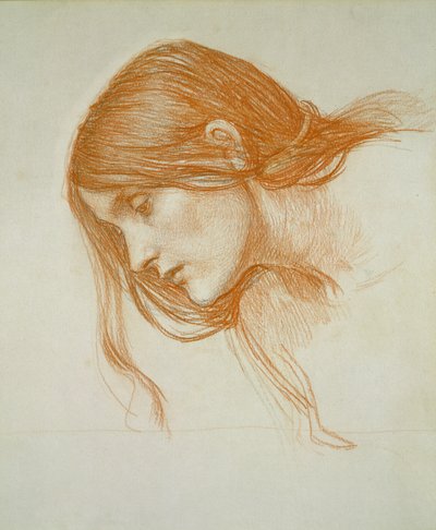 Studie av ett flickhuvud (röd krita på papper) av John William Waterhouse