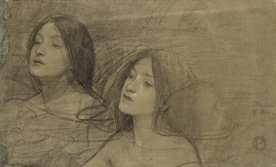 Studie av två nymfer för "Hylas and the Nymphs" (svart krita med viss förhöjning på ett blekt grått papper) av John William Waterhouse