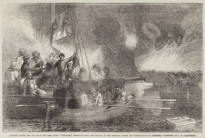 Kapten Glasse och hans chefsingenjör på HMS Vulture övervakar reparationen av granatkastarna under bombningen av Sveaborg. av John Wilson Carmichael