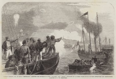Kapten Hewlett, CB, från HMS Edinburgh, dirigerar Snapper och Stork Gun-Boats Movements på en rysk tredäckare mellan Gustafsvern och Bartholomew av John Wilson Carmichael