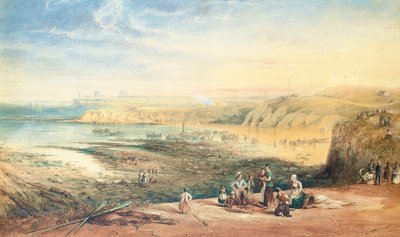 Cullercoats blickar mot Tynemouth, Northumberland, med fiskare i förgrunden, 1836 av John Wilson Carmichael