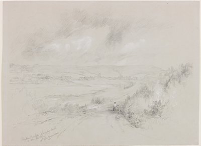 Haydon Bridge, Langley Castle in the Distance (bc och penna på papper) av John Wilson Carmichael