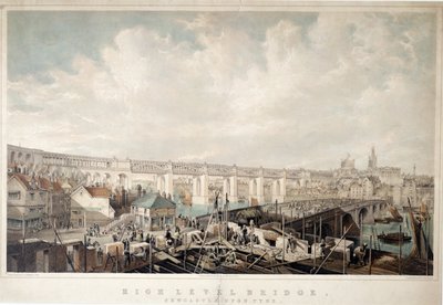 High Level Bridge, Newcastle upon Tyne, graverad av George Hawkins (1819-52) (handfärgad litho) av John Wilson Carmichael