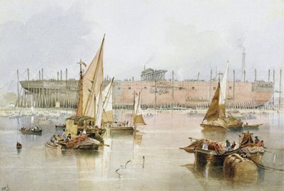 Det transatlantiska linjeskeppet "Great Eastern", 1857, innan det var färdigbyggt, i Millwall vid Themsen (England) av John Wilson Carmichael