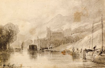 Flodscen med pråmar och förstörda slott av John Wilson Ewbank