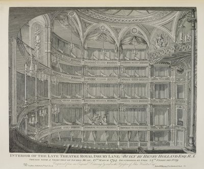 Interiör av Late Theatre Royal, Drury Lane, i London, byggd av Henry Holland, 1794, förstörd av brand 1809, graverad av Dale, 1820 av John Winston