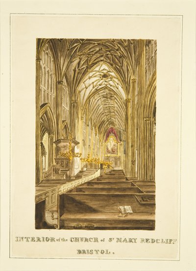 Vy över Center Aisle of St Mary Redcliffe, blick österut, visar Hogarth altartavla, c.1824 (penna och akvarell på papper) av John Withers
