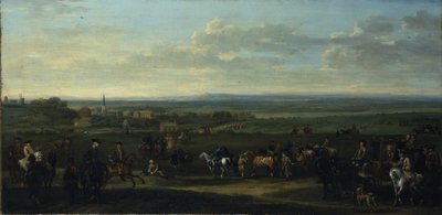 En vy över Old Newmarket med figurer och hästar på Heath (olja på duk) av John Wootton