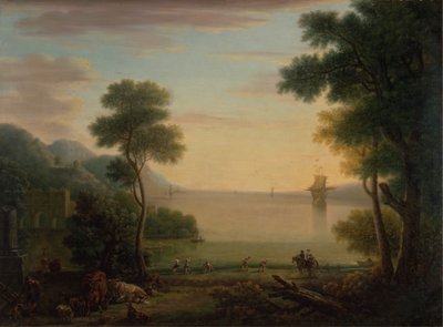 Klassiskt landskap med figurer och djur: solnedgång av John Wootton
