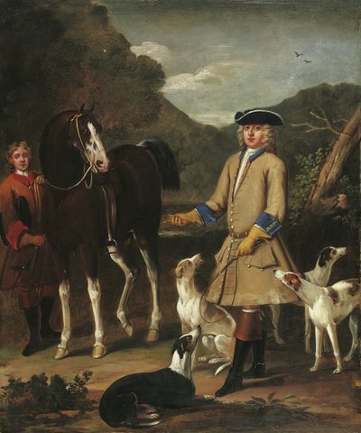 Edward, Lord Seymour, med sin häst, brudgum och hundar, i ett landskap av John Wootton