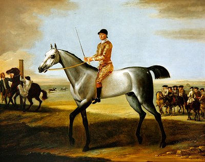 Hertigen av Rutlands hyllade grå kapplöpningshäst Coneyskins med jockey uppe på Newmarket Heath (olja på duk) av John Wootton