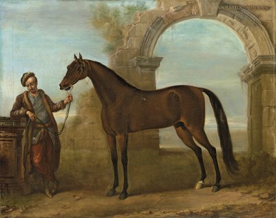 Godolphin Arabien, hållen av en brudgum, i ett landskap med en förstörd båge, 1731 av John Wootton