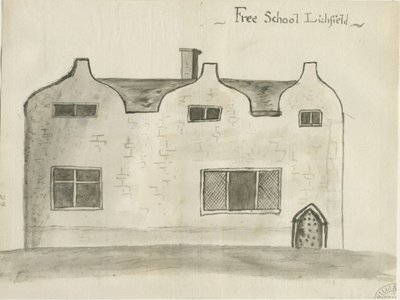 Lichfield - Grammar School: sepiatvättteckning, nd [1784] (teckning) av John Wright