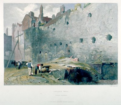Vy över Tower Postern och London-muren med män som gräver, City of London, 1851 av John Wykeham Archer