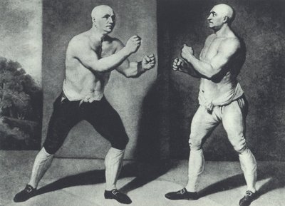 Tidiga brittiska barfistboxare, John Broughton (vänster) och George Stevenson slåss 1741: Broughton uppfann boxningshandsken (mezzotint) av John Young