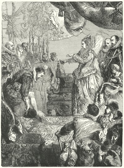Sir Francis Drake tar emot sitt riddarskap av drottning Elizabeth I, 1581 av John after Gilbert