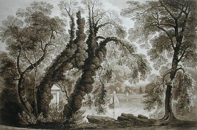 Utsikt över tempelfontänen från motsatt sida, Sezincote, graverad av Frederick Christian Lewis Snr. (1779-1856), c.1817-18 (sepiaakvatint) (se även 171661) av John after Martin