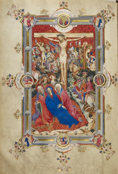 Korsfästelsen, introduktion av kanon av mässan Kristus på korset, flankerad av tjuvar, svimning Jungfru stödd av kvinnor och St. John, Magdalena vid foten av korset. Skara monterade åskådare i modern klädsel, inklusive Longinus, med änglar ovanför av John and Siferwas John (fl. 1380–1421 Whas