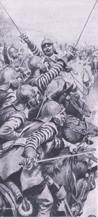 Kavalleriets engagemang vid slaget vid Edgehill, 23 oktober 1642, illustration från brittiska striderna på land och hav, 1915 av John de Walton