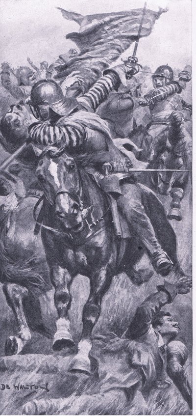 Löjtnant John Smith återtar kungens standard vid Edgehill, 23 oktober 1642, illustration från British Battles on Land and Sea, 1915 av John de Walton
