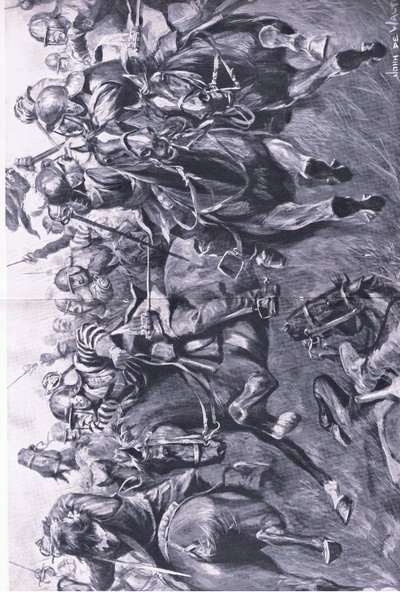 Marston Moor, 2 juli 1644: Det skotska kavalleriet under Leslie attackerar prins Ruperts flank, illustration från brittiska striderna på land och hav, 1915 av John de Walton
