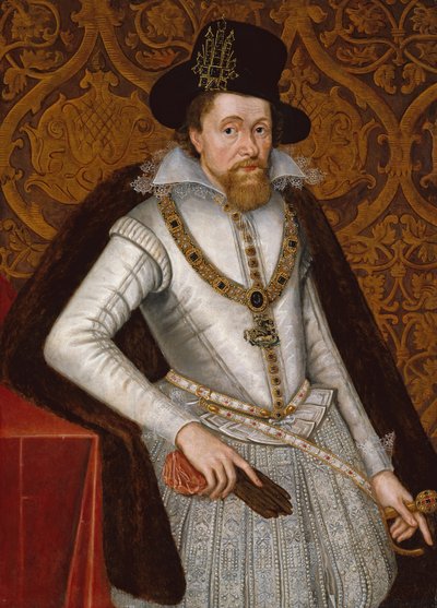 King James VI och I, ca 1605 (olja på panel) av John de the Elder Critz
