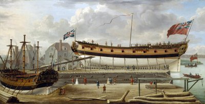 Ett fartyg av sjätte klass (sixth rate), ett brittiskt örlogsfartyg från Royal Navy, i torrdocka, varvet är troligen det i Rotherhite, på Themsens södra strand (England) av John the Elder Cleveley