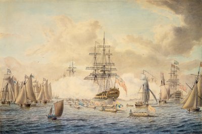 George III granskar flottan vid Spithead, 22 juni 1773, föreställande HMS "Royal Oak av John the Younger Cleveley