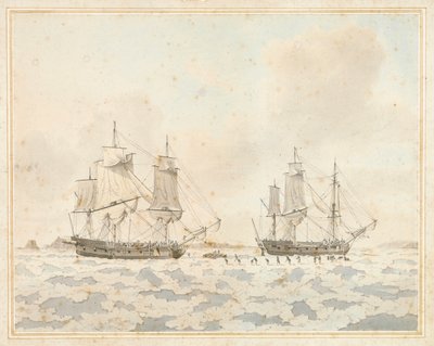 De brittiska fartygen Racehorse och Carcass, fångade i isen under en arktisk expedition, 31 juli av John the Younger Cleveley