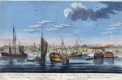 Vy över de kungliga hamnarna i Woolwich, på Themsens vänstra strand (England), i grevskapet Kent. Etsning i färg av John Clevely den yngre (1747-1786) av John the Younger Cleveley