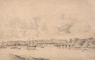Southampton och Northam från floden Itchen (grafit på medium, lätt texturerat, blått vitt vävt papper lagt till medium, måttligt texturerat, beige vävt papper) av Jonathan Fisher