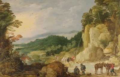 Ett bergslandskap med ett vattenfall och resenärer vid en Ford av Joos or Josse de Momper