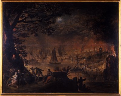 Brinnande stad vid havet av Joos or Josse de Momper
