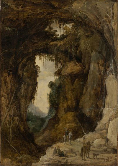 Landskap med grotta och en ryttare, ca 1616 (olja på panel) av Joos or Josse de The Younger Momper