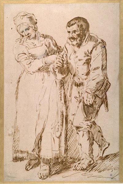 En äldre bondes steg guidade av sin fru (penna och bläck med krita på papper) av Joos van (attr. to) Craesbeeck