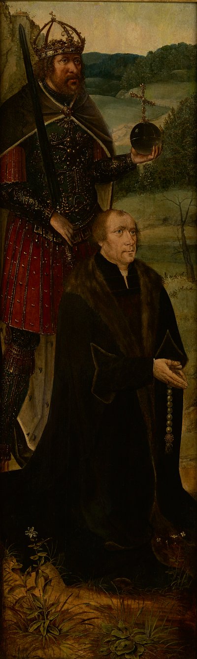 kung Konstantin och en donator; en vinge på en altartavla (olja på panel) av Joos van (follower of) Cleve