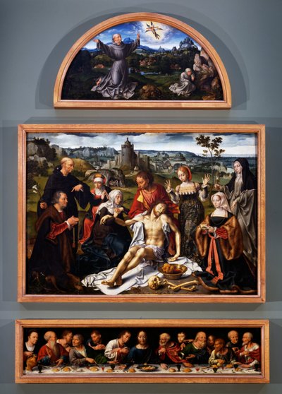 Altartavla av avsättningen, med St Franciskus stigmata, Kristi avsättning och den sista måltiden från Minor-brödernas kyrka i Genua, ca 1520 av Joos van Cleve