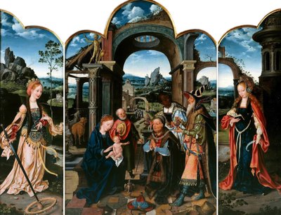 Nederländska: Sankta Katarina (vänster); De vises tillbedjan (mitten); Sankta Barbara (höger) De vises tillbedjan med Sigismund I av Polen av Joos van Cleve